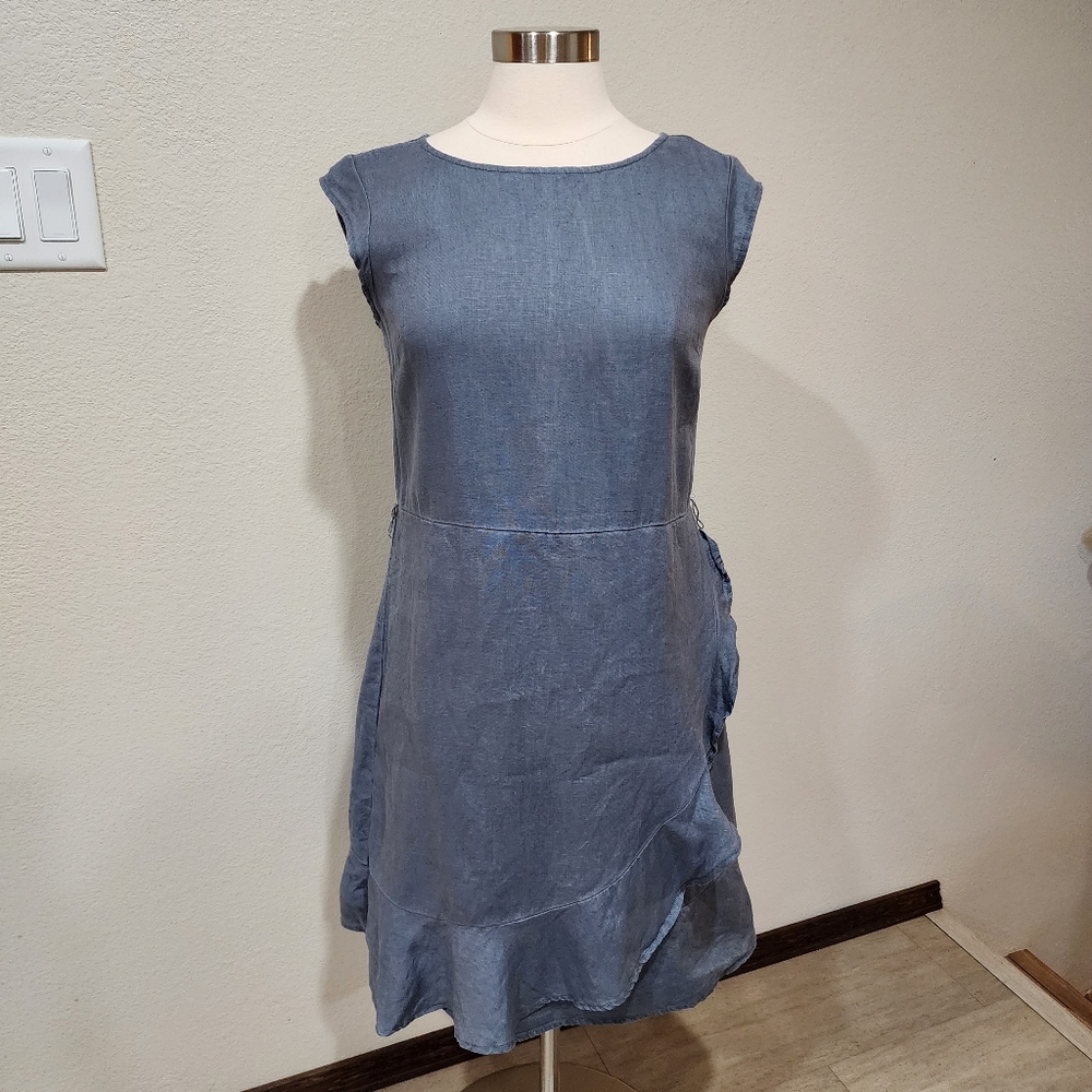 Garnet Hill Linen Ruffled Wrap Dress Cap Sleeves Gray Blue Women's size 4